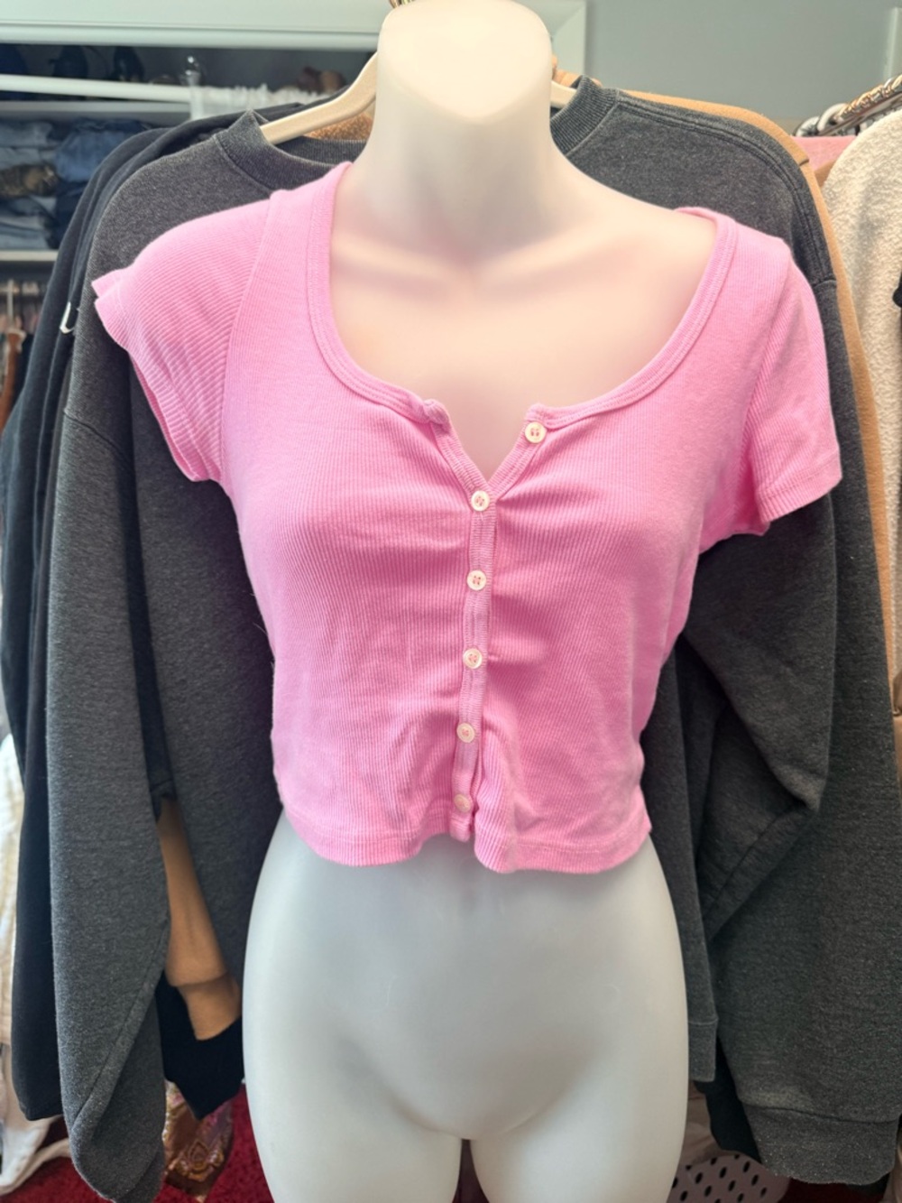 Brandy Melville Pink Ribbed Button-Front Cropped Top